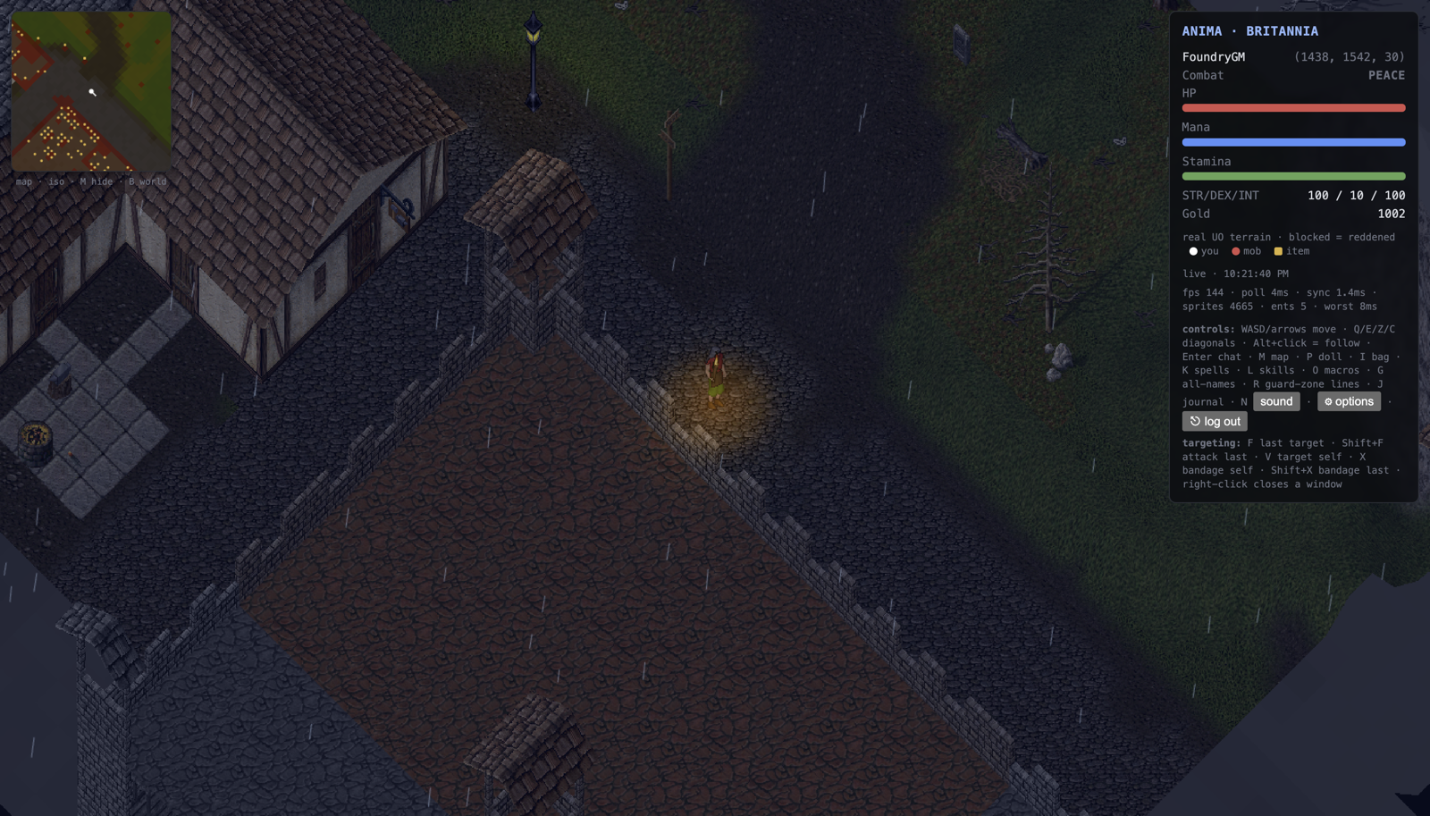 Night in Anima: a carried torch and street lamp illuminate the UO world