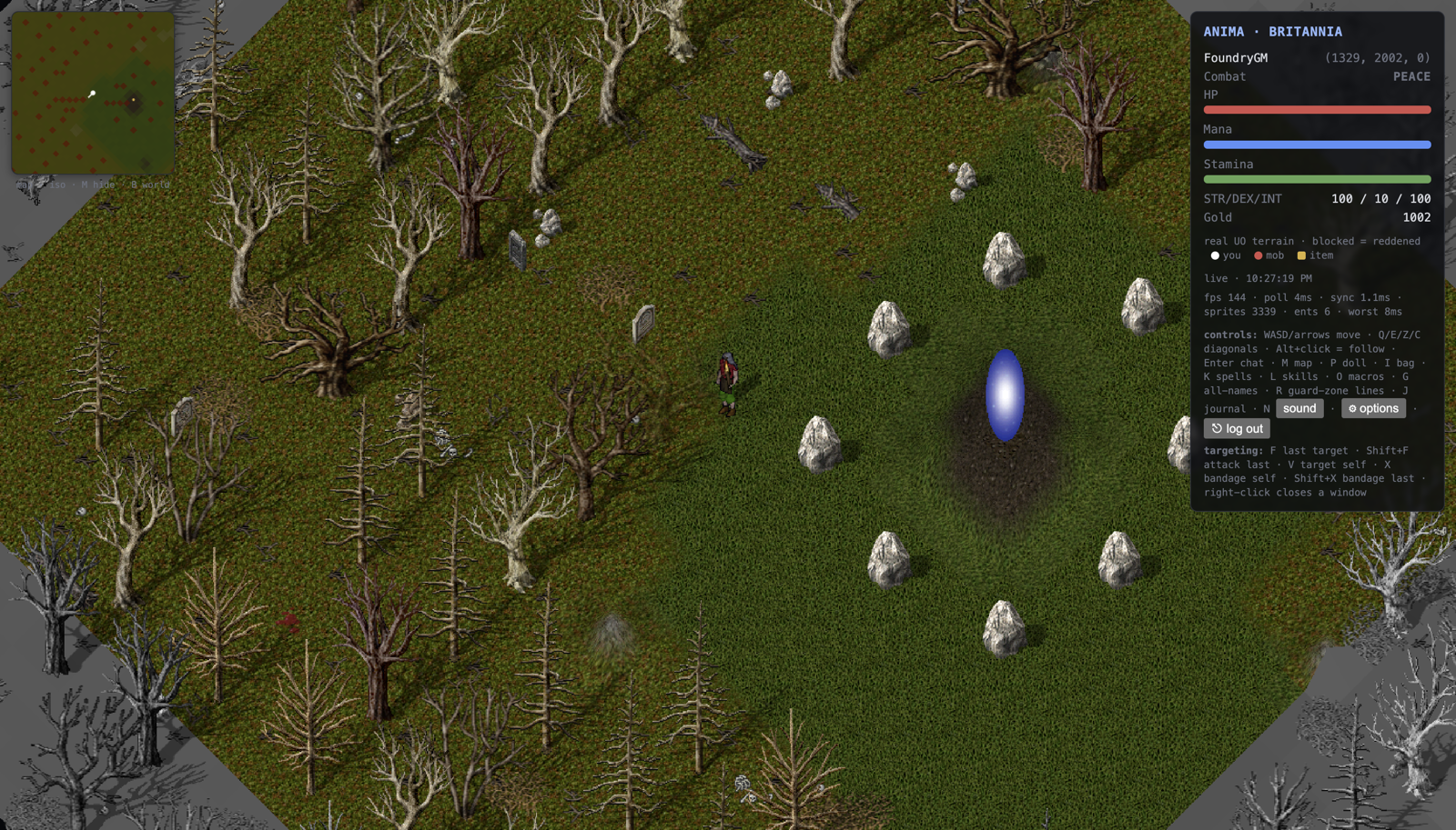 Anima connected to a live ServUO shard: the Britain moongate, isometric terrain, world map, and player HUD